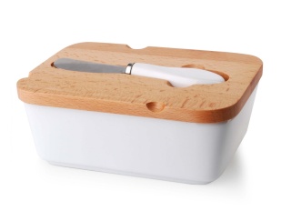 Biała prostokątna maselnica z nożem