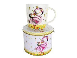 Kubek w puszce skarbonce z flamingiem na prezent