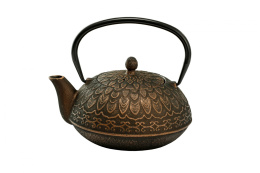 Dzbanek żeliwny do parzenia herbaty w kolorze czarnym ze zdobieniami w kolorze mosiądzu