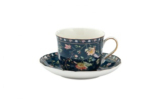 Filiżanka porcelanowa granatowa w kwiaty ze spodkiem