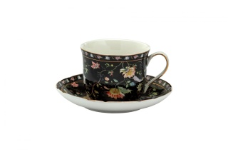 Filiżanka porcelanowa czarna w kwiaty ze spodkiem