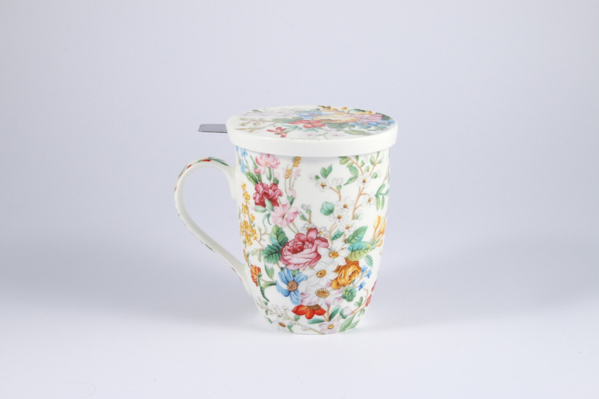 Kubek biały z motywem kwiatowym z sitkiem i przykrywką do parzenia herbaty i ziół