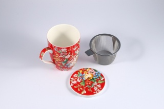 Kubek czerwony z motywem kwiatowym z sitkiem i przykrywką do parzenia herbaty i ziół