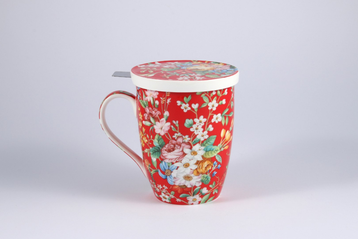 Kubek czerwony z motywem kwiatowym z sitkiem i przykrywką do parzenia herbaty i ziół