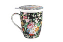 Kubek czarny z motywem kwiatowym z sitkiem i przykrywką do parzenia herbaty i ziół