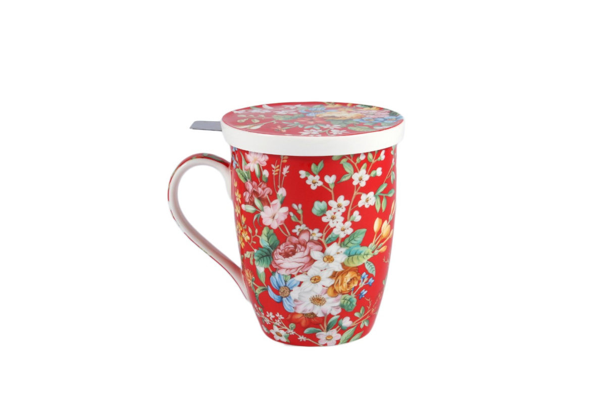 Kubek czerwony z motywem kwiatowym z sitkiem i przykrywką do parzenia herbaty i ziół