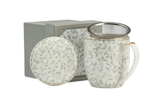 Kubek biały z motywem kwiatowym z sitkiem do parzenia herbaty i ziół