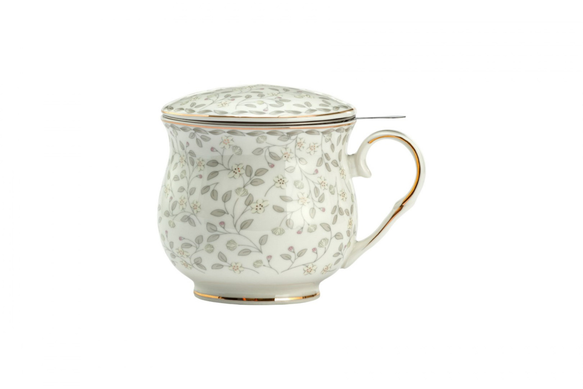 Kubek biały z motywem kwiatowym z sitkiem do parzenia herbaty i ziół