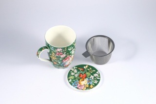 Kubek zielony z motywem kwiatowym z sitkiem i przykrywką do parzenia herbaty i ziół