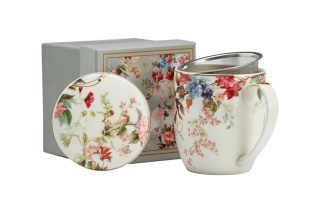 Kubek biały z motywem kwiatowym z sitkiem i przykrywką do parzenia herbaty i ziół