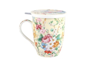 Kubek kremowy z motywem kwiatowym z sitkiem i przykrywką do parzenia herbaty i ziół