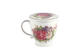 Kubek w kwiaty z sitkiem i przykrywką do parzenia herbaty