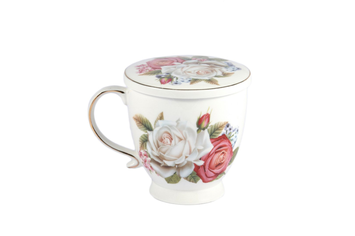 Kubek w róże z sitkiem i przykrywką do parzenia herbaty