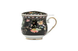 Kubek czarny z motywem kwiatowym z sitkiem do parzenia herbaty i ziół