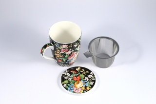 Kubek czarny z motywem kwiatowym z sitkiem i przykrywką do parzenia herbaty i ziół