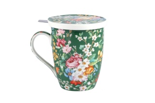 Kubek zielony z motywem kwiatowym z sitkiem i przykrywką do parzenia herbaty i ziół