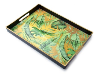 Taca prostokątna czarna ze złotą obwódką oraz nadrukiem dużych zielonych liści patera