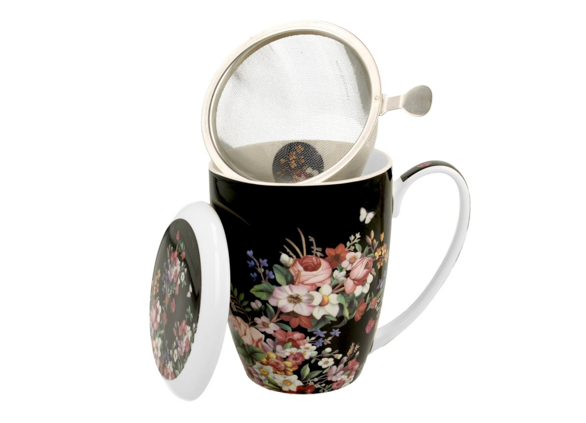 Kubek z sitkiem zaparzaczem do herbaty Vintage Flowers Black