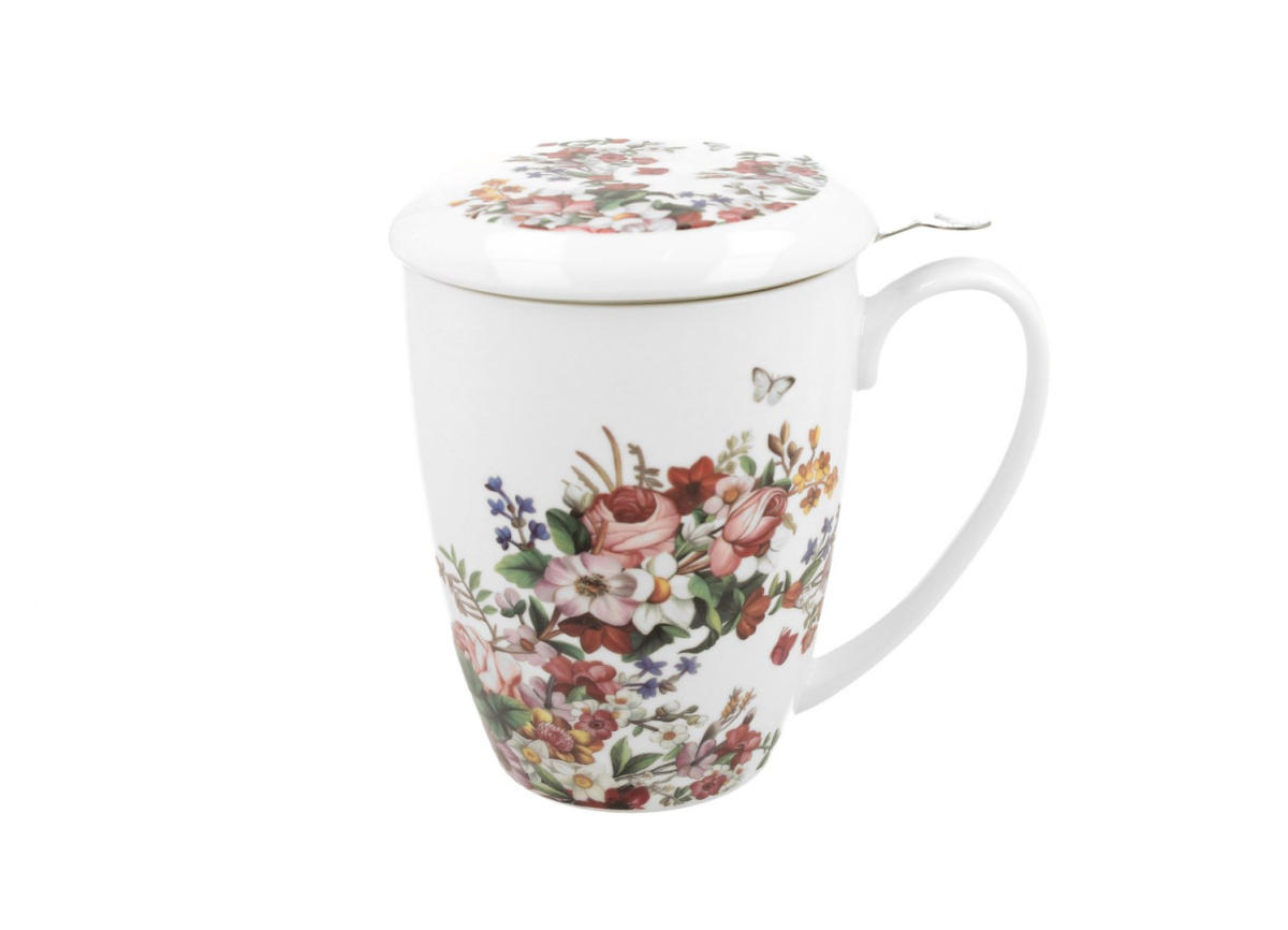 Kubek z sitkiem zaparzaczem do herbaty Vintage Flowers White