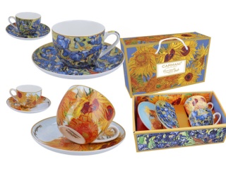 2 filiżanki ze spodkami motyw V. Gogha Słoneczniki i Irysy