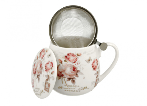 Kubek porcelanowy z zaparzaczem baryłka Secesja róże urodziny
