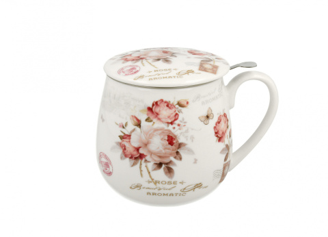 Kubek porcelanowy z zaparzaczem baryłka Secesja róże urodziny