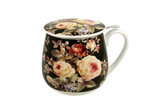 Kubek porcelanowy z zaparzaczem baryłka Warda kwiaty