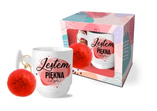 Porcelanowy kubek matowy z pomponem Jestem Piękna czerwony