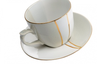 Filiżanka ze spodkiem biało szara Trio Mieroszów