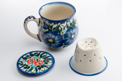 Kubek Bolesławiec kwiatowy z sitkiem zaparzacz