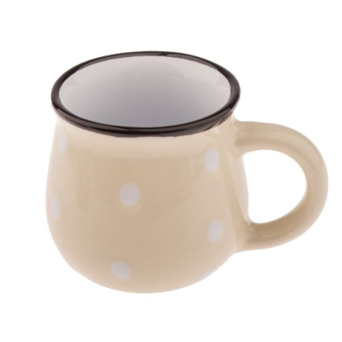 Ceramiczny kubek beczułka espresso kremowy w białe kropki