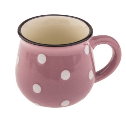 Oryginalny kubek beczułka espresso fioletowy w białe kropki