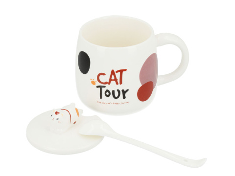 Porcelanowy kubek baryłka z pokrywką i łyżeczką z kotem