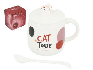 Porcelanowy kubek baryłka z pokrywką i łyżeczką z kotem