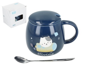 Porcelanowy kubek z pokrywką i łyżeczką z kotem granatowy