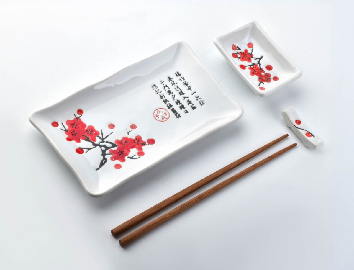 Komplet do sushi w stylu japońskim dla 1 osoby biały kwiaty