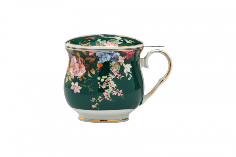 Kubek zielony z motywem kwiatowym z sitkiem do parzenia herbaty i ziół