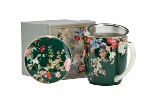 Kubek zielony z motywem kwiatowym z sitkiem doparzenia herbaty i ziół