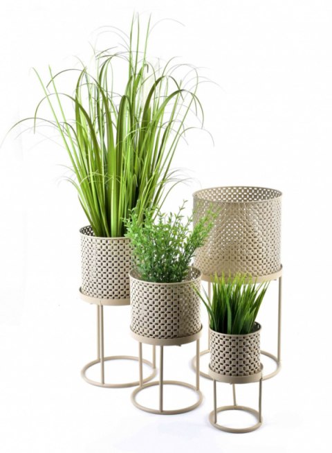 Ozdobna metalowa osłonka na stojaku doniczka S beżowa