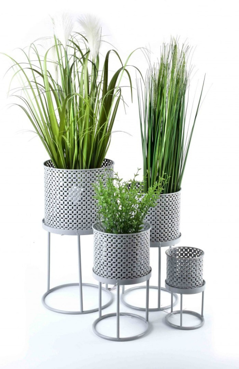 Ażurowa stylowya szara osłonka na stojaku doniczka kwiatki L