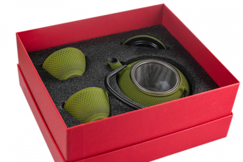 Dzbanek żeliwny z dwoma czarkami w kolorze zielonym