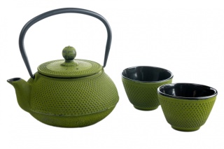 Dzbanek żeliwny z dwoma czarkami w kolorze zielonym