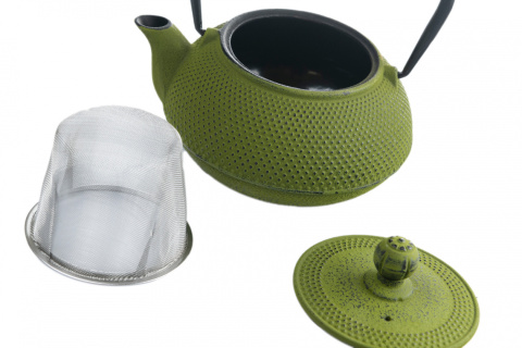 Dzbanek żeliwny z dwoma czarkami w kolorze zielonym