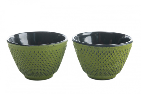 Dzbanek żeliwny z dwoma czarkami w kolorze zielonym