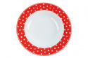 Serwis obiadowy 18 elemtowy okrągły czerwony w kropki groszki