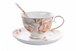 Zestaw 2 filiżanek porcelana z łyżeczkami róża kremowa