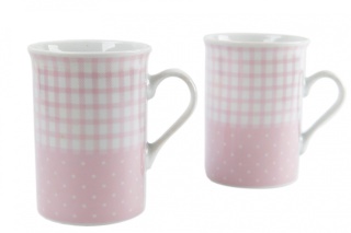 Zestaw 2 kubków porcelanowych różowych kropki kratka urodziny