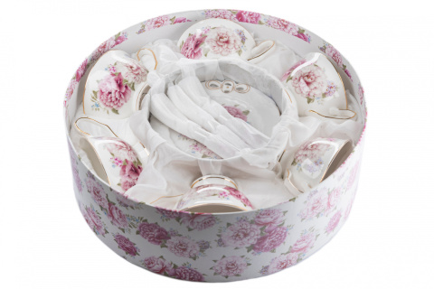 Zestaw 6 filiżanek porcelana z łyżeczkami chryzantema