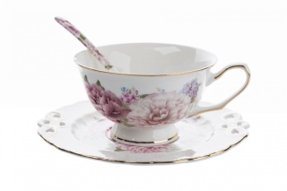 Zestaw 6 filiżanek porcelana z łyżeczkami chryzantema