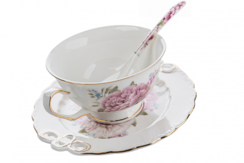 Zestaw 6 filiżanek porcelana z łyżeczkami chryzantema